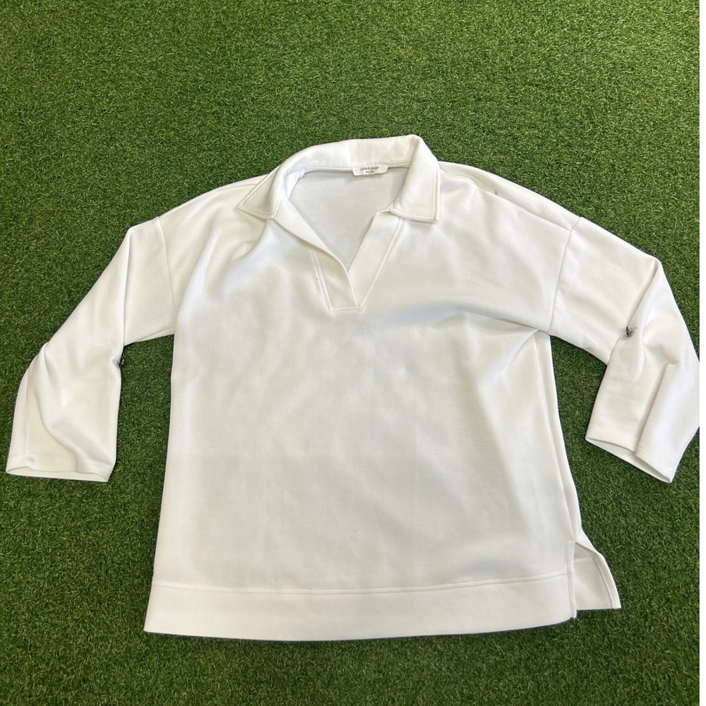 Cable & Gauge Studio White V-Neck Long Sleeve Polo Top Size L